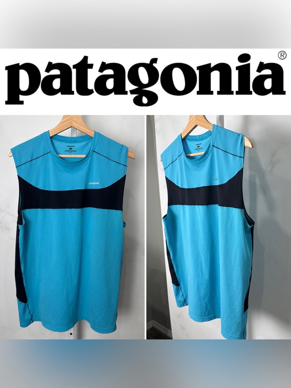 Patagonia Air Flow Men’s Tank Top Blue Black Stripe Size L